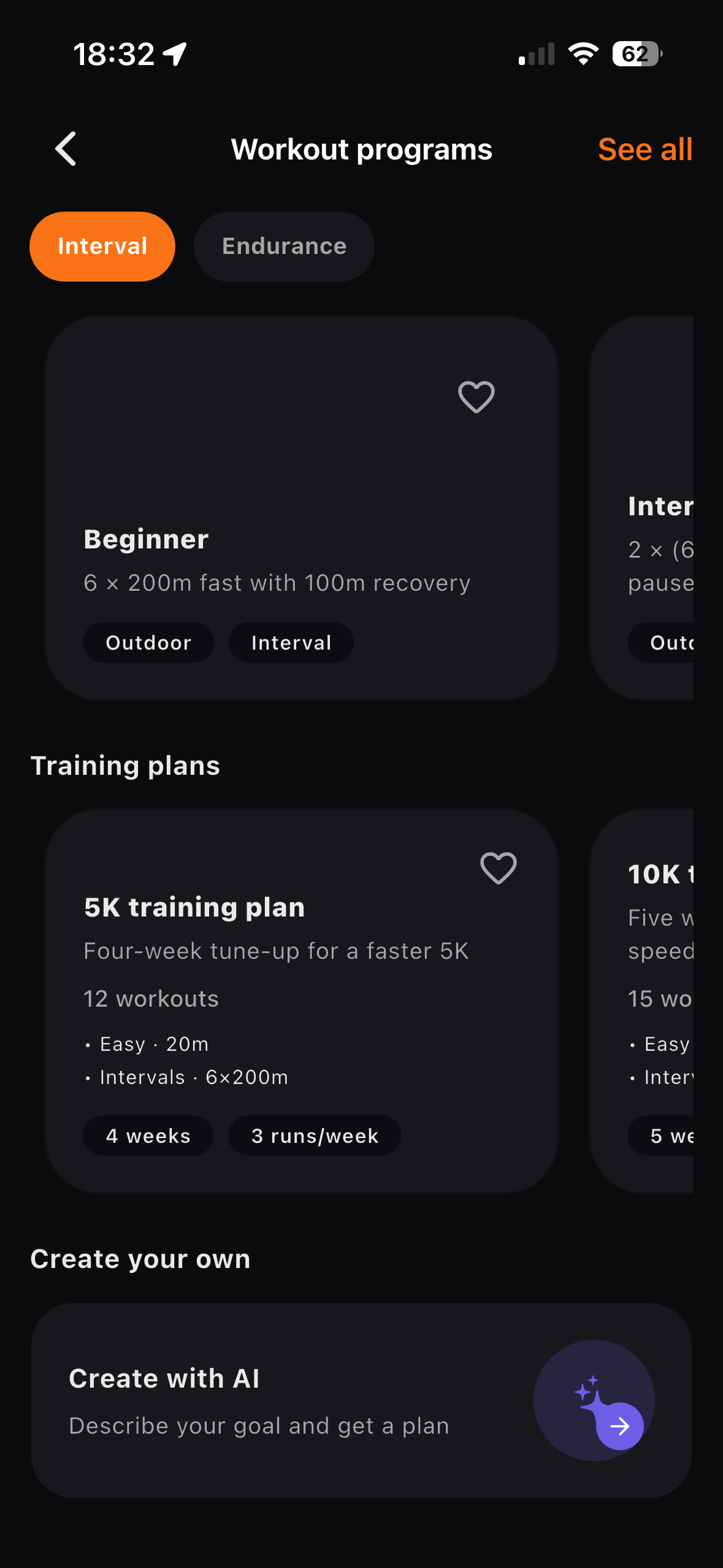 Interval Rush workout programs screen